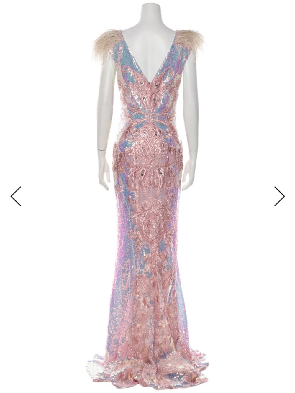 Portia & Scarlett Pink Blue Sequin Evening Gown with Feather Shoulders - Picture 3 of 16